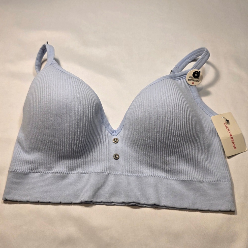 Lucky Brand Womens 1X Light Blue Ribbed Full Figure Wirefree Bra Bralette NWT